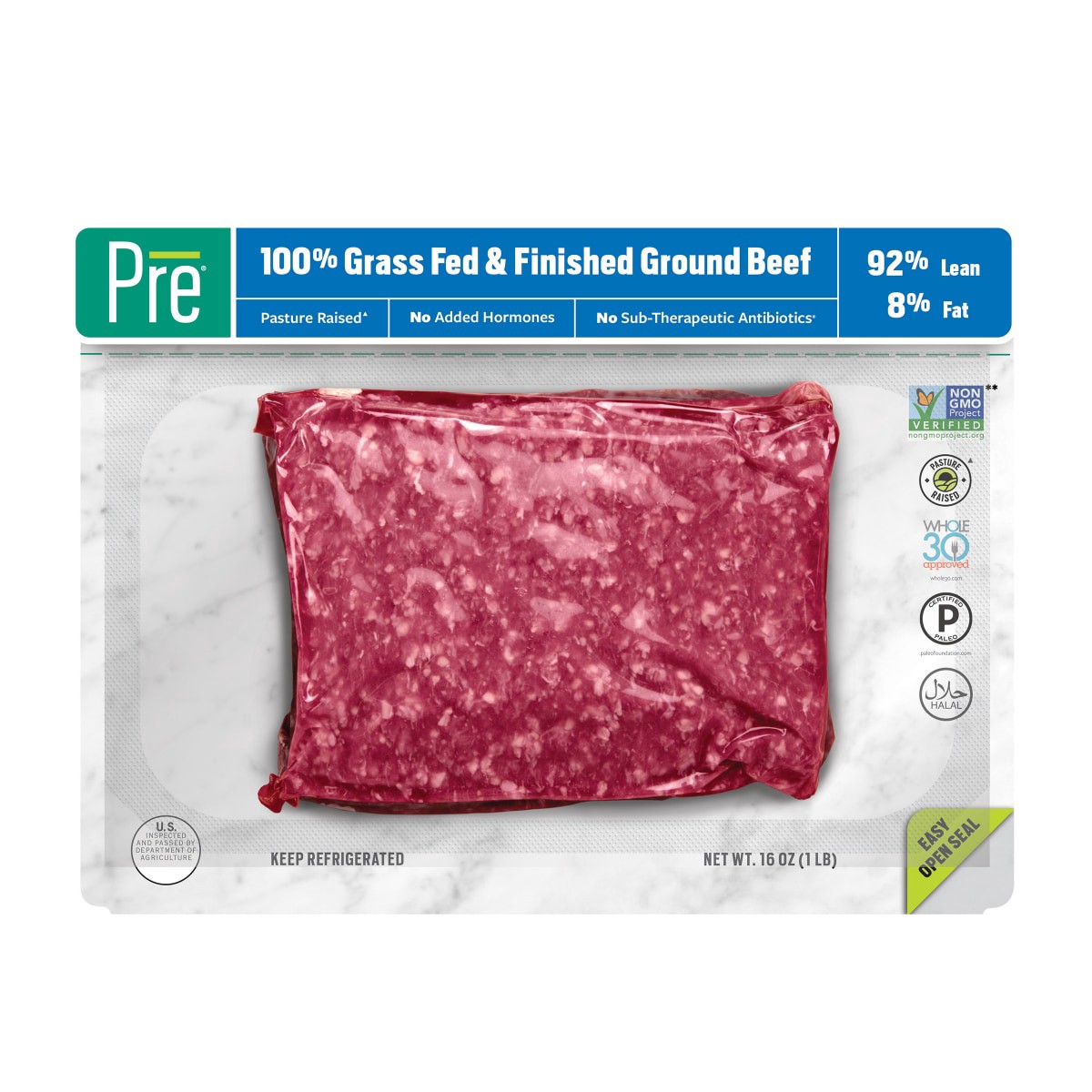 slide 1 of 17, Pre Brands 92% Lean Ground Beef- 100% Grass Fed and Finished and Pasture Raised, 16 oz