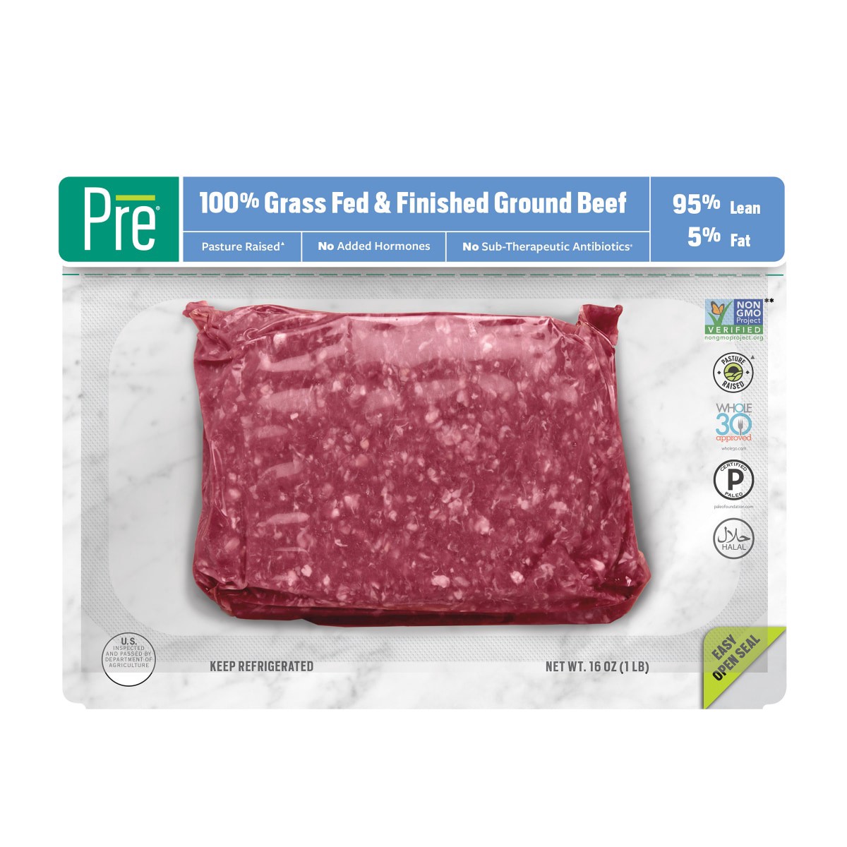 slide 1 of 21, Pre, 95% Lean Ground Beef Grass-Fed, Grass-Finished, and Pasture-Raised, 16 oz