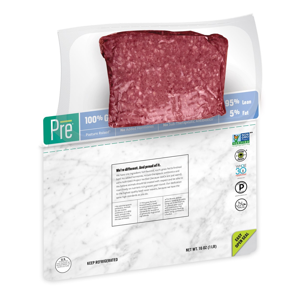 slide 5 of 21, Pre, 95% Lean Ground Beef Grass-Fed, Grass-Finished, and Pasture-Raised, 16 oz