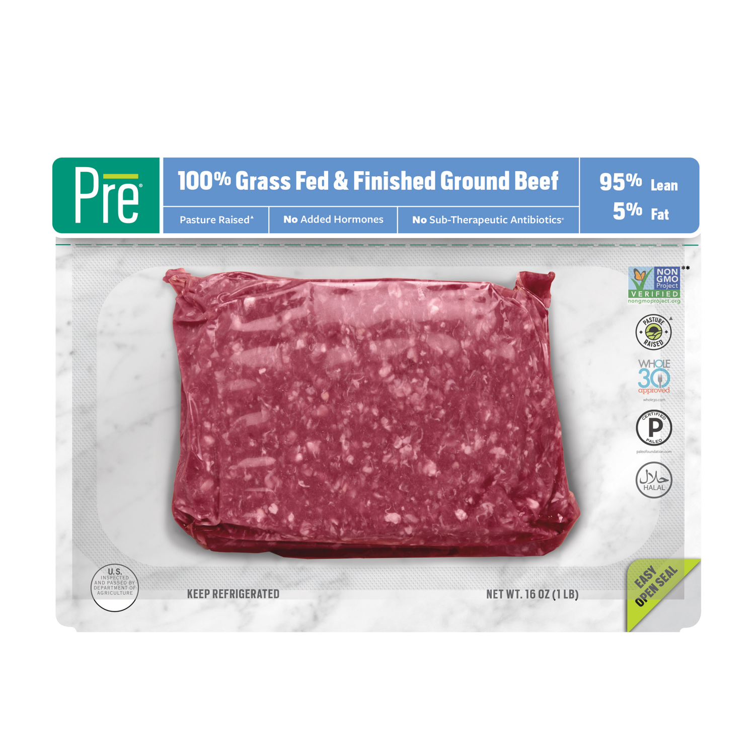 slide 1 of 6, Pre, 95% Lean Ground Beef Grass-Fed, Grass-Finished, and Pasture-Raised 16oz., 1 lb