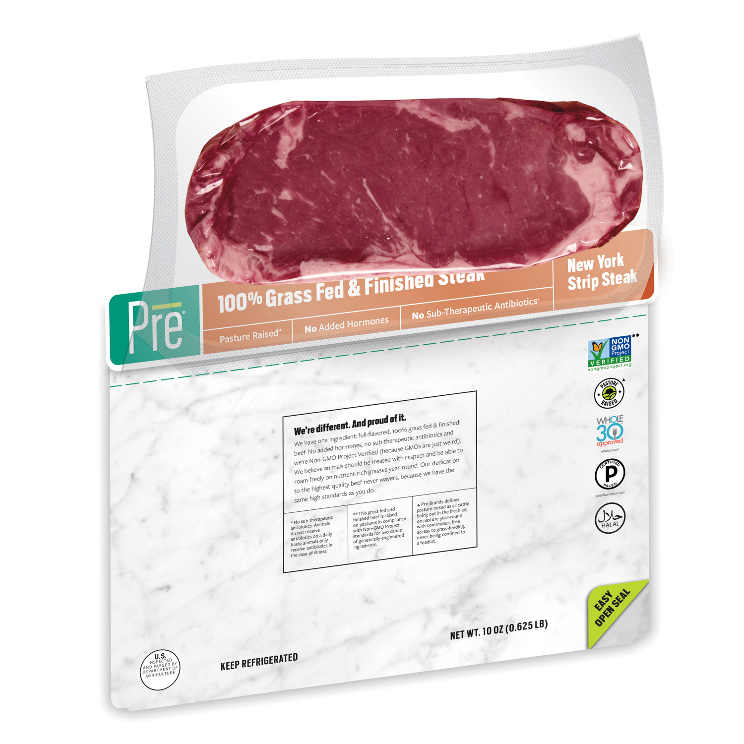 slide 4 of 6, Pre 100% Grass-Fed & Finished Beef New York Strip Steak 10 oz, 10 oz