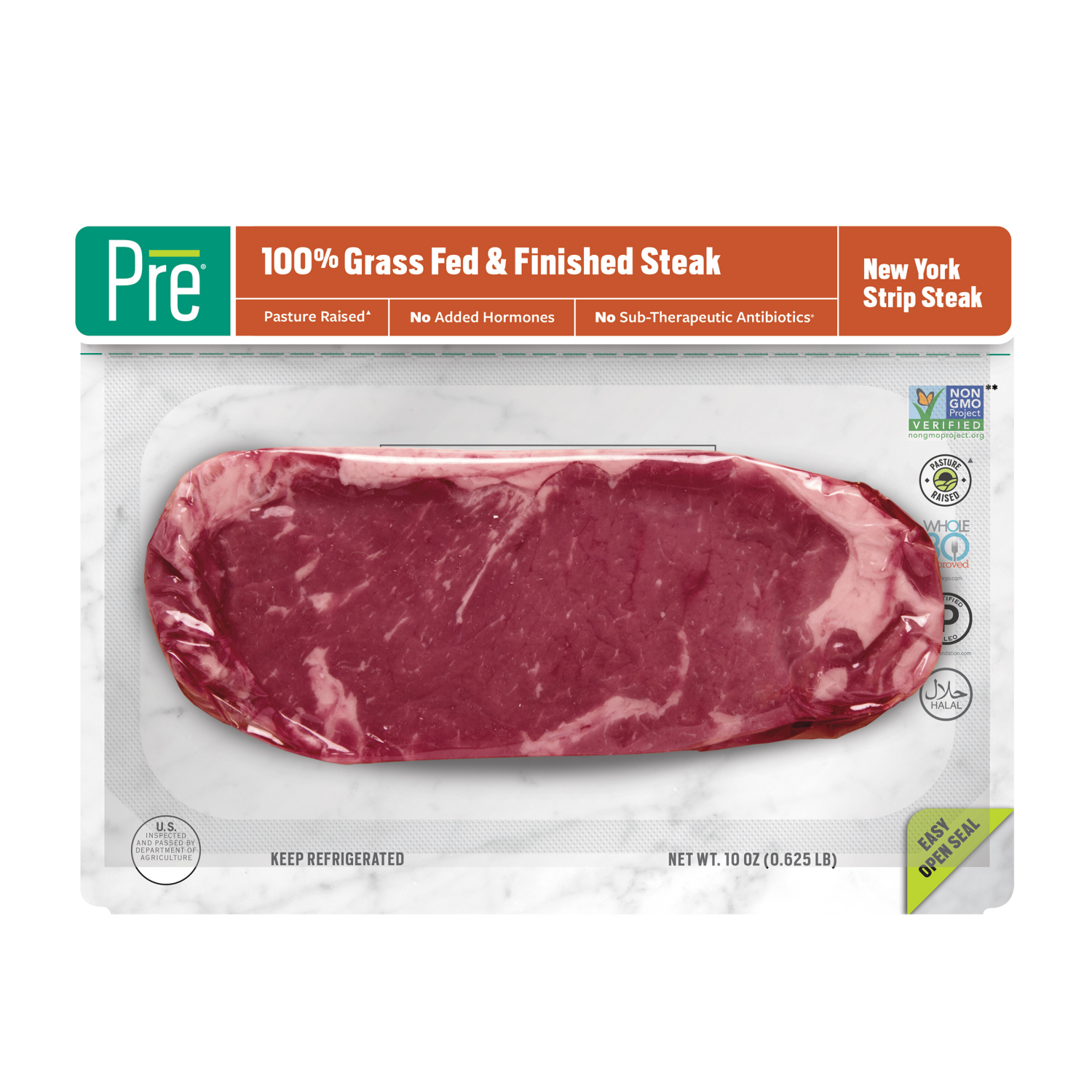 slide 1 of 6, Pre 100% Grass-Fed & Finished Beef New York Strip Steak 10 oz, 10 oz