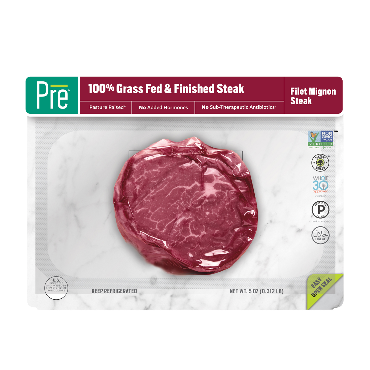 slide 1 of 19, Pre, Filet Mignon Steak  100% Grass-Fed, Grass- Finished, and Pasture-Raised Beef  5oz., 5 oz