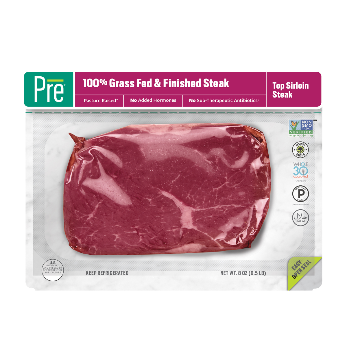 slide 1 of 1, Pre Brands Top Sirloin Steak- 100% Grass Fed and Finished, Pasture Raised- 8oz., 8 oz
