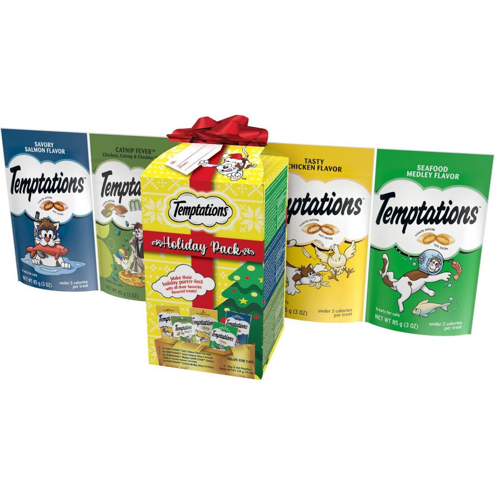 slide 2 of 7, Temptations Holiday Gift Pack with Catnip, Salmon and Chicken Flavor Cat Treats - 15oz/5pk, 15 oz, 5 ct