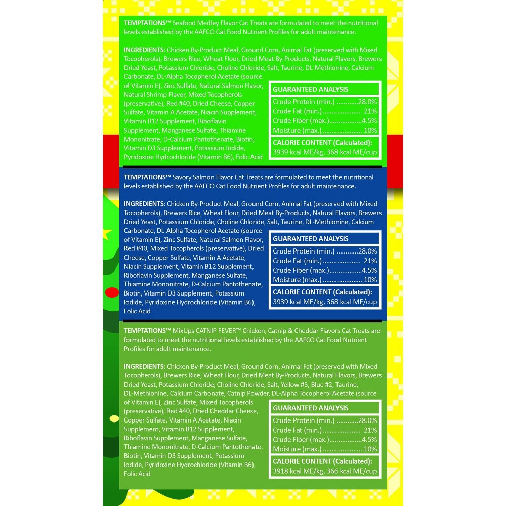 slide 3 of 7, Temptations Holiday Gift Pack with Catnip, Salmon and Chicken Flavor Cat Treats - 15oz/5pk, 15 oz, 5 ct