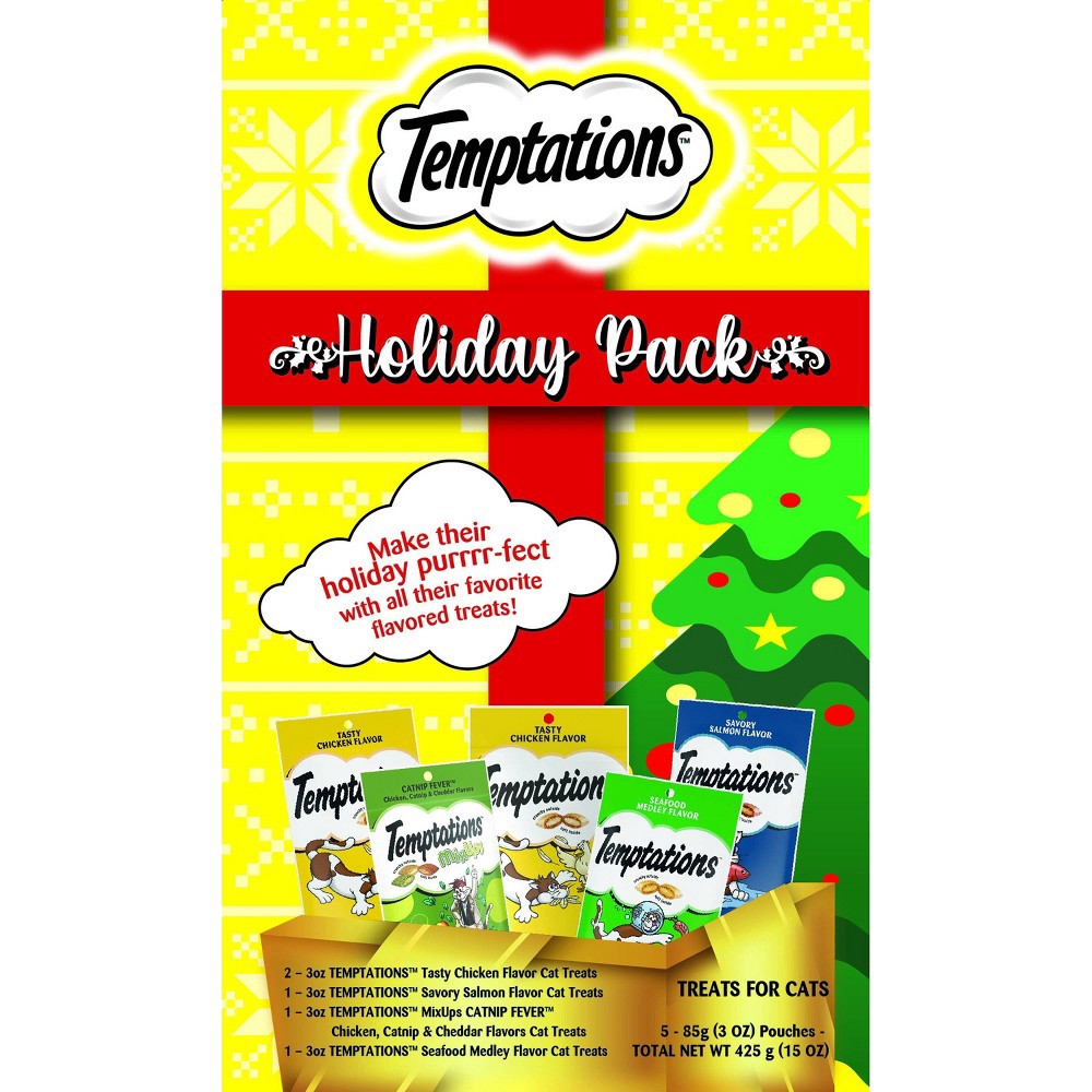 slide 7 of 7, Temptations Holiday Gift Pack with Catnip, Salmon and Chicken Flavor Cat Treats - 15oz/5pk, 15 oz, 5 ct