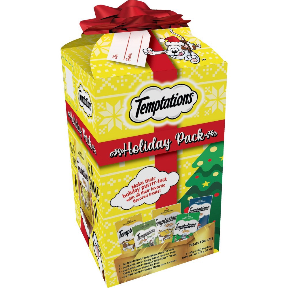 slide 4 of 7, Temptations Holiday Gift Pack with Catnip, Salmon and Chicken Flavor Cat Treats - 15oz/5pk, 15 oz, 5 ct