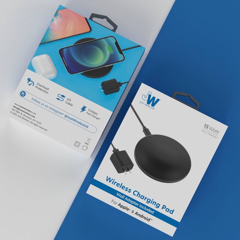 slide 6 of 6, Just Wireless 15W Wireless Charging Pad with AC Adapter - Black: USB-C Compatible, Device Detection, 1 ct