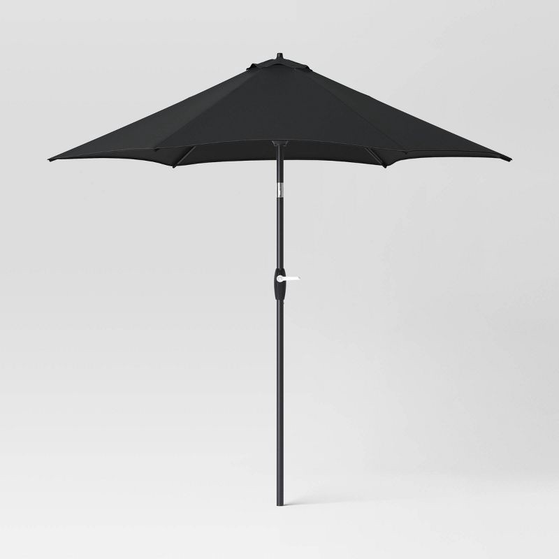 slide 1 of 6, 9' Round Outdoor Patio Market Umbrella Black with Black Pole - Room Essentials™: Fade-Resistant, Crank Lift, Push-Button Tilt, 1 ct