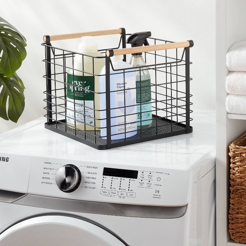 slide 2 of 3, Large Wire Natural Wood Handles Milk Crate Black - Brightroom™: Powder-Coated Metal Storage Basket with Handles, 1 ct