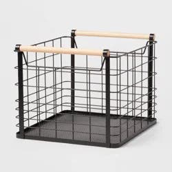 Large Wire Natural Wood Handles Milk Crate Black - Brightroom™: Powder-Coated Metal Storage Basket with Handles