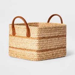 Small Braided Water Hyacinth Basket with Faux Leather Handles - Threshold™: Multicolored Storage & Organization, 11"x10"x8"