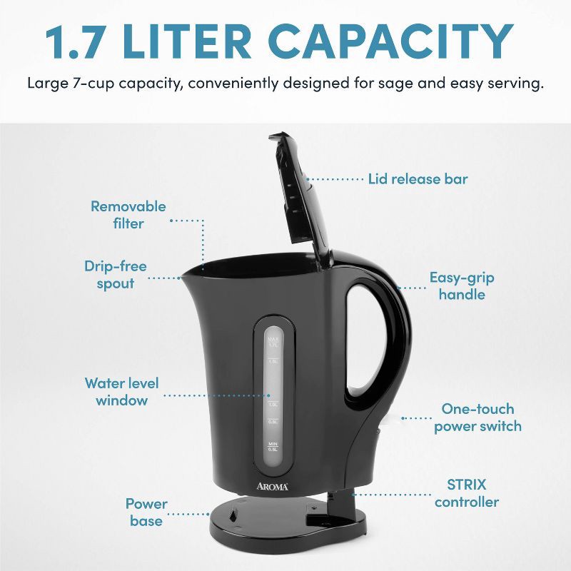 slide 8 of 11, Aroma 1.7L Electric Kettle - Black, 1.7 liter