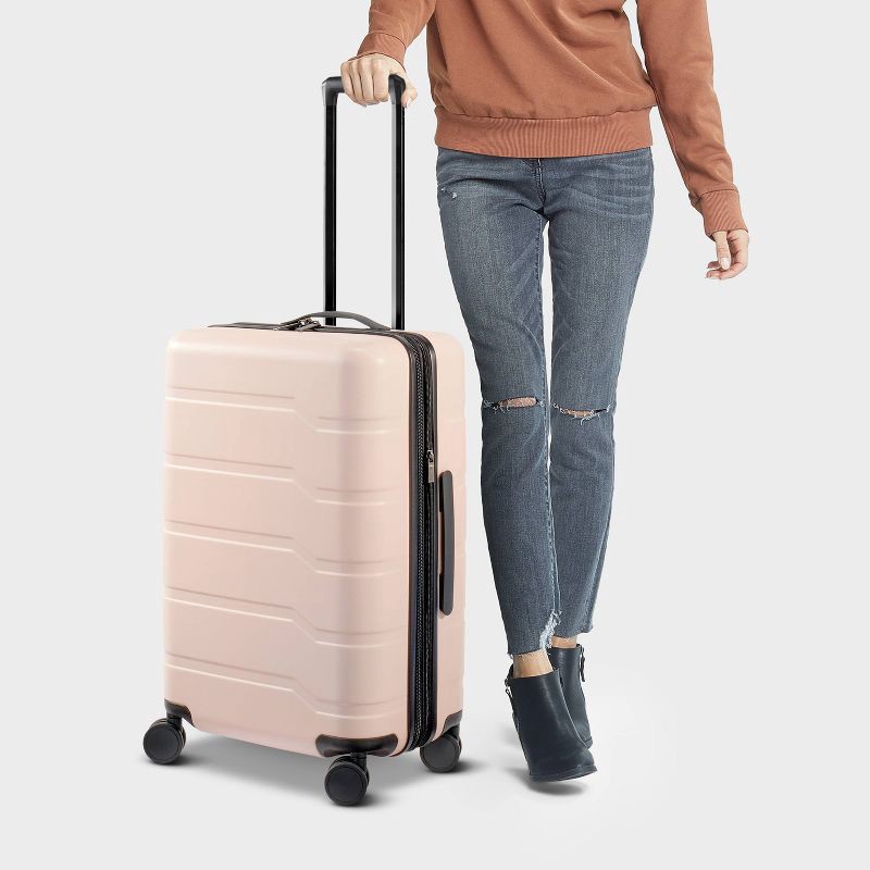 slide 2 of 6, Hardside Medium Checked Suitcase Pink - Open Story™, 1 ct