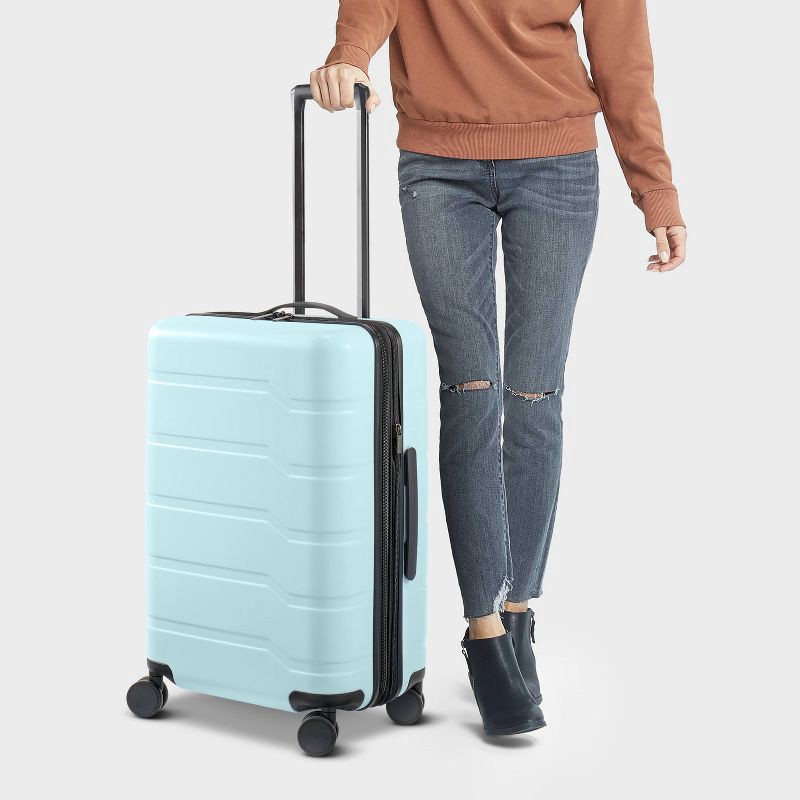 slide 2 of 6, Hardside Medium Checked Suitcase Muddy Aqua - Open Story™, 1 ct