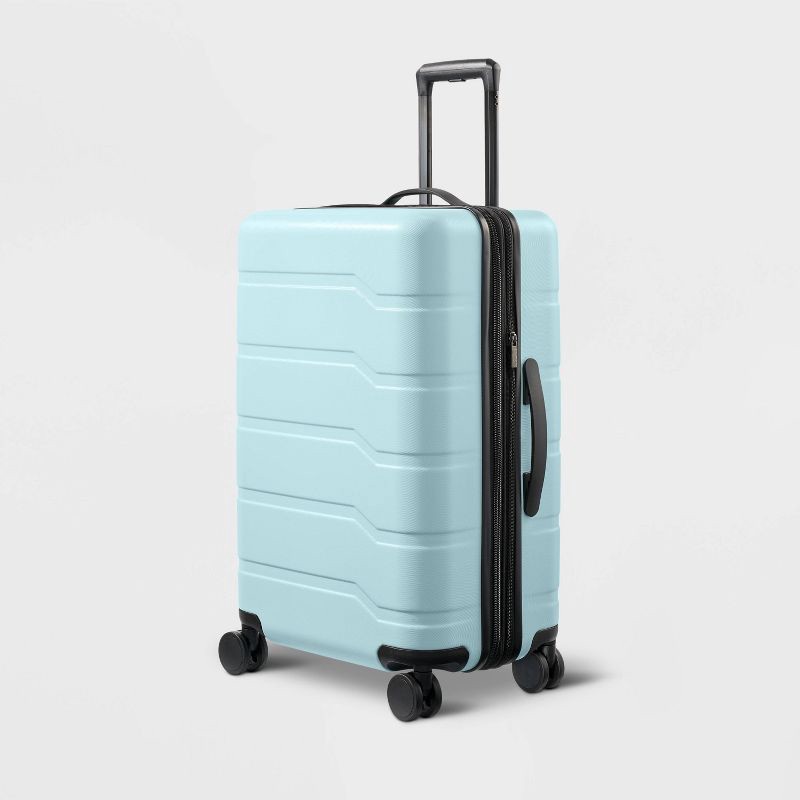 slide 1 of 6, Hardside Medium Checked Suitcase Muddy Aqua - Open Story™, 1 ct