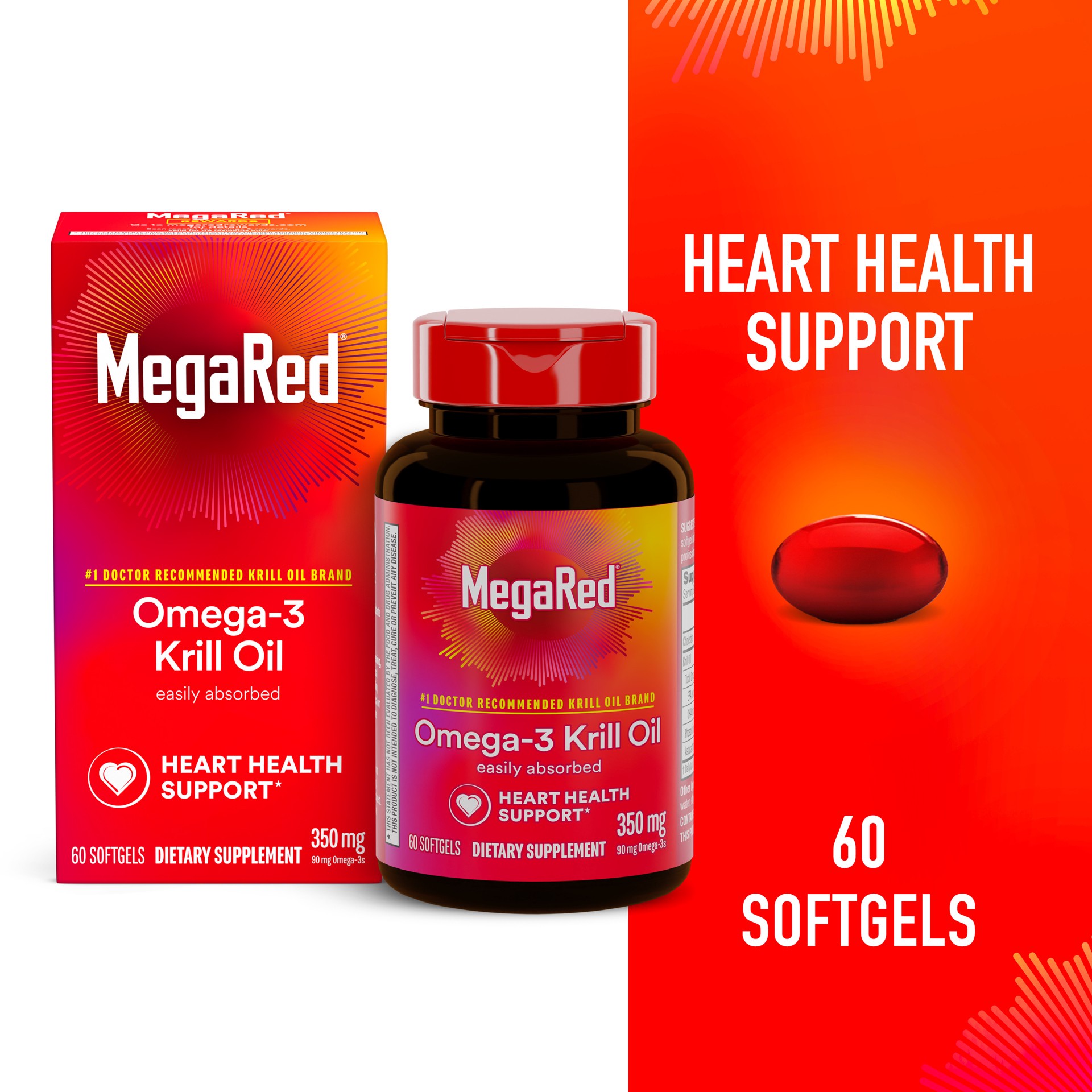 slide 1 of 2, MegaRed 350mg Superior Omega-3 Krill Oil, 60 Softgels, 60 ct