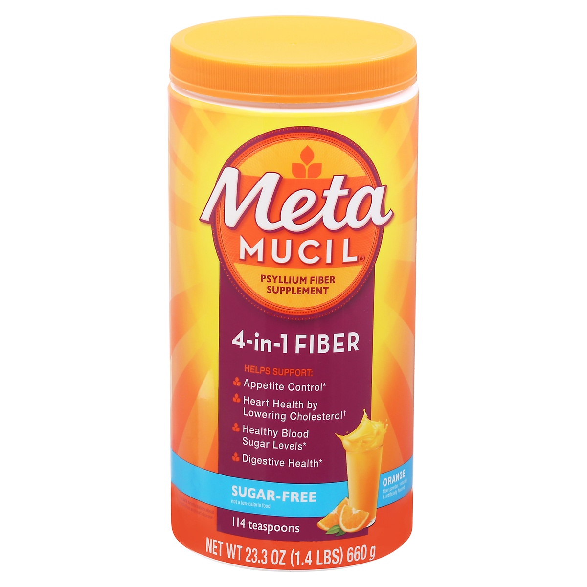 slide 1 of 3, Metamucil, Daily Psyllium Husk Powder Supplement, Sugar-Free Powder, 4-in-1 Fiber for Digestive Health, Orange Flavored Drink, 114 teaspoons, 23.3 oz