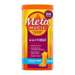 Metamucil, Daily Psyllium Husk Powder Supplement, Sugar-Free Powder, 4-in-1 Fiber for Digestive Health, Orange Flavored Drink, 114 teaspoons