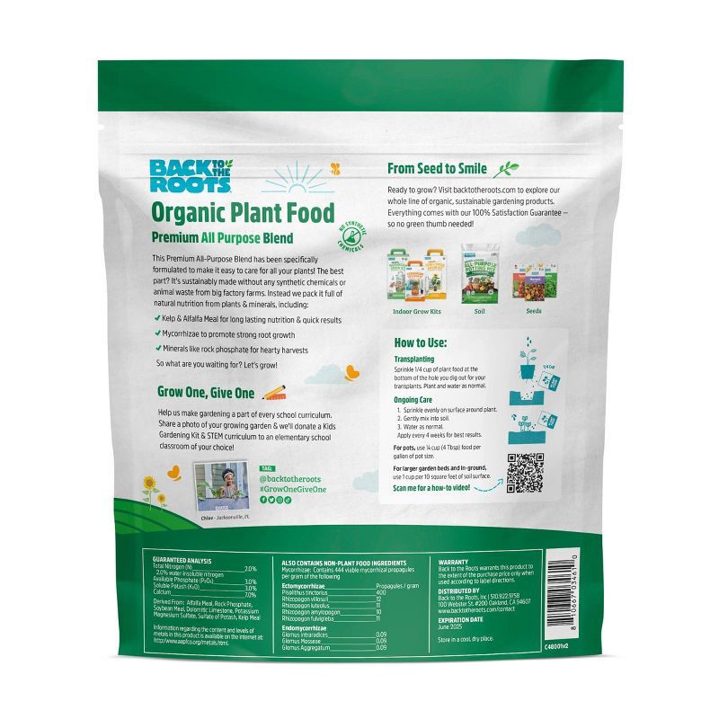 slide 3 of 7, Back to the Roots 1.5lb Organic Plant Food All Purpose Premium Blend: Nutrient-Rich for Indoor & Outdoor Gardens, Non-Synthetic, 1.5 lb