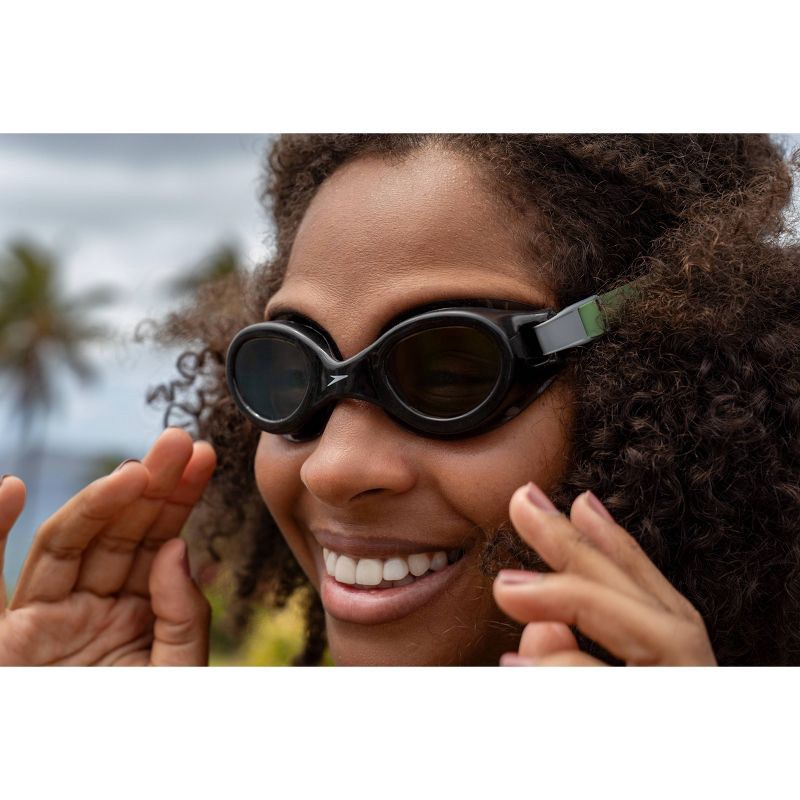 slide 4 of 4, Speedo Adult Boomerang Swim Goggles - Black/Steel: Anti-Fog & Adjustable Strap, 1 ct