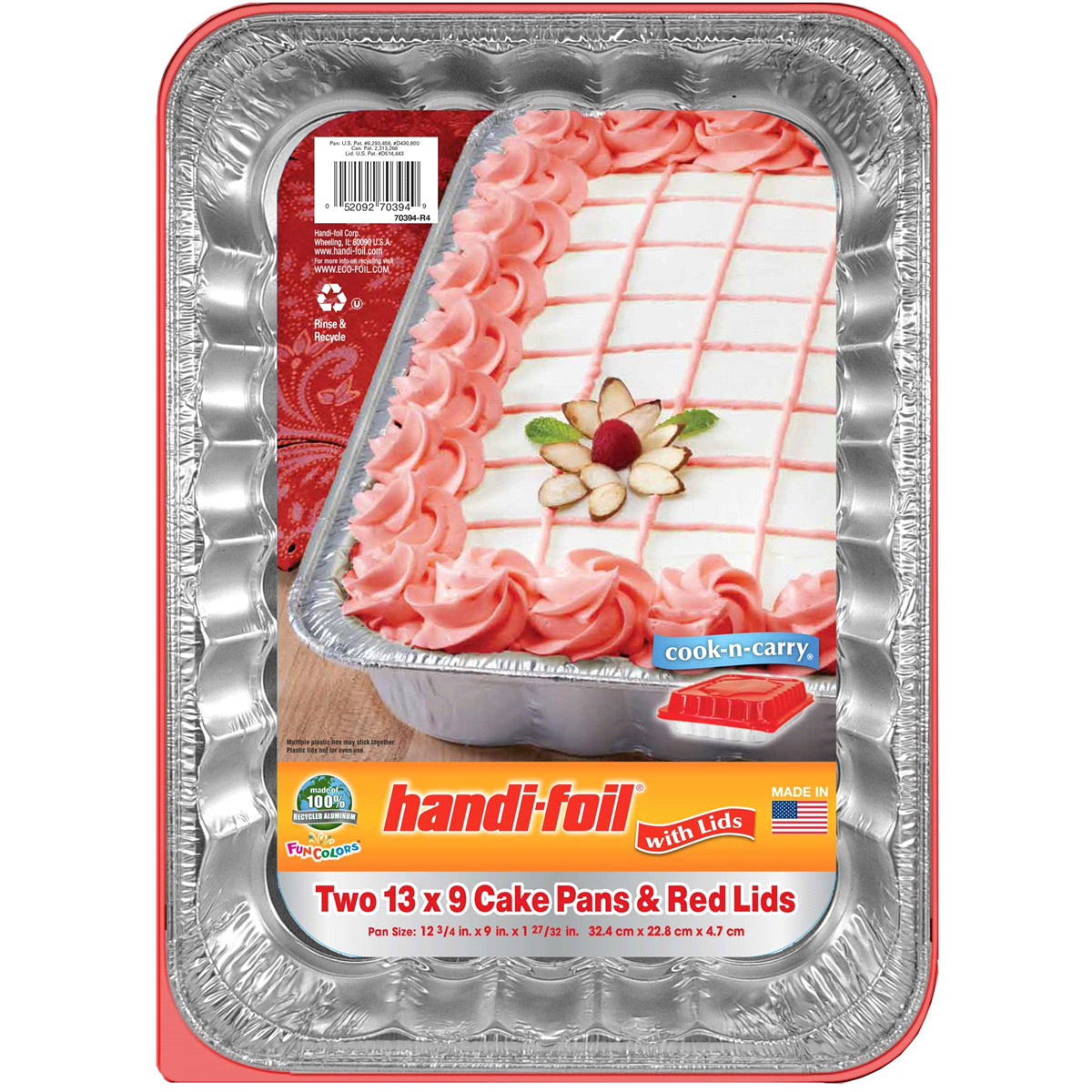 slide 1 of 1, Handi-foil Fun Colors Cake Pans With Red Lids, 13x9