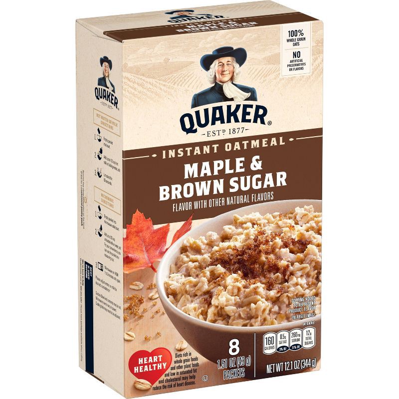 slide 1 of 6, Quaker Instant Oatmeal Maple Brown Sugar 8ct: 100 Percent Whole Grain, No Artificial Sweeteners, 8 ct