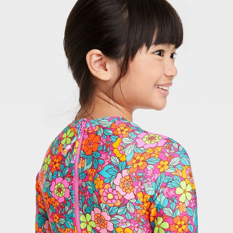 slide 2 of 3, Girls' Retro Row Rash Guard One Piece Swimsuit - Cat & Jack™️ S, 1 ct
