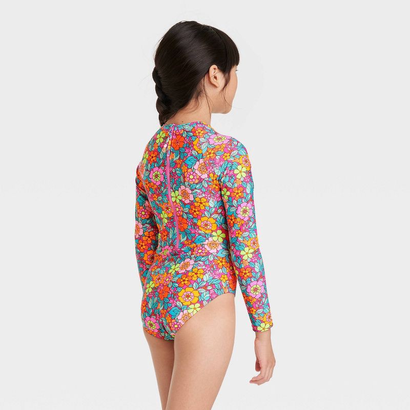 slide 3 of 3, Girls' Retro Row Rash Guard One Piece Swimsuit - Cat & Jack™️ L: Long Sleeve, Floral Pattern, UPF 50+ Protection, 1 ct