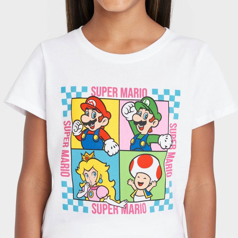 slide 2 of 3, Girls'Nintendo Super Mario Short Sleeve Graphic T-Shirt - White L: Tween Cotton Blend, Princess Peach & Luigi Print, 1 ct