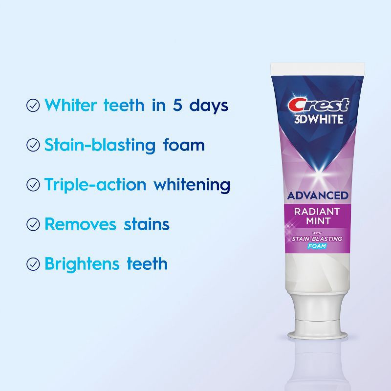 slide 2 of 15, Crest 3D White Advanced Teeth Whitening Toothpaste, Radiant Mint - Trial Size - 2.4oz, 2.4 oz