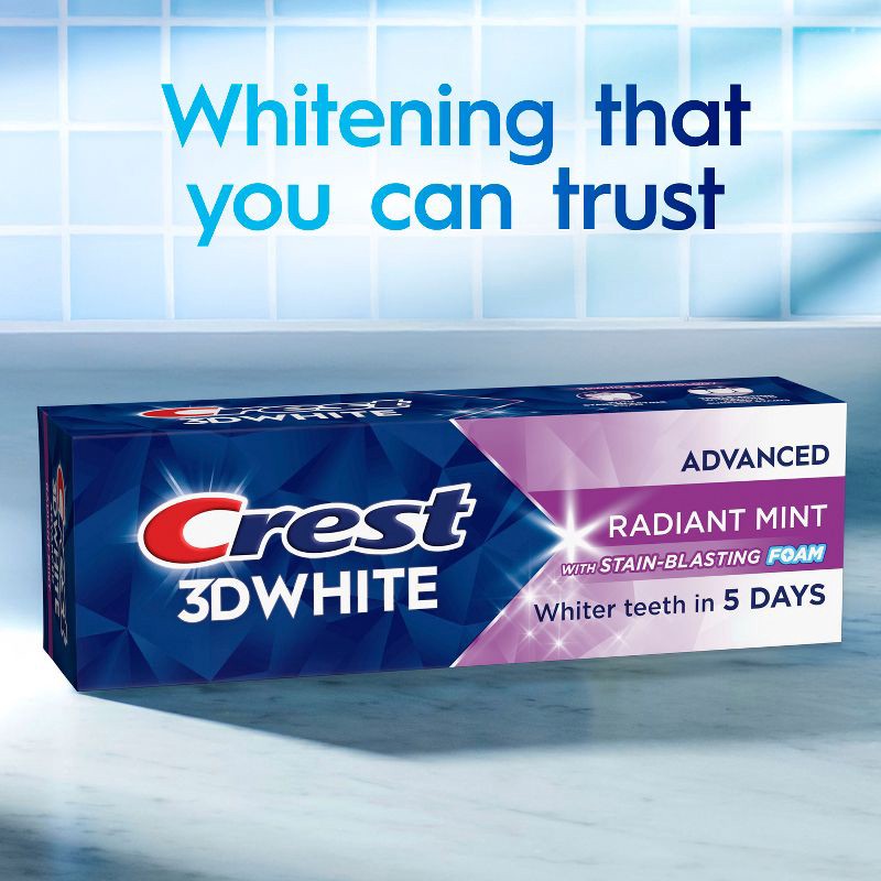 slide 9 of 15, Crest 3D White Advanced Teeth Whitening Toothpaste, Radiant Mint - Trial Size - 2.4oz, 2.4 oz