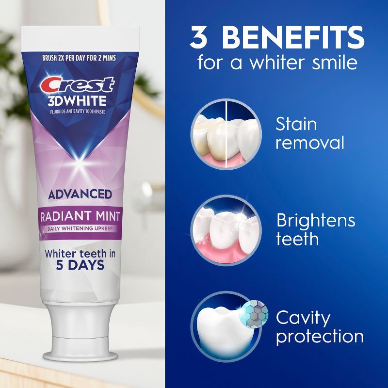 slide 4 of 11, Crest 3D White Advanced Teeth Whitening Toothpaste, Radiant Mint - Trial Size - 2.4oz, 2.4 oz