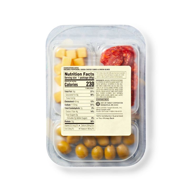 slide 2 of 3, Pepperoni, Gouda Cheese Cubes, Green Olives - 3oz - Good & Gather™, 3 oz