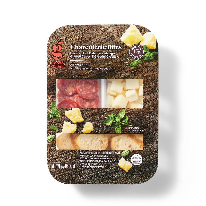 slide 1 of 3, Hot Calabrese, Asiago Cheese Cubes, Crostini Crackers - 2.7oz - Good & Gather™, 2.7 oz