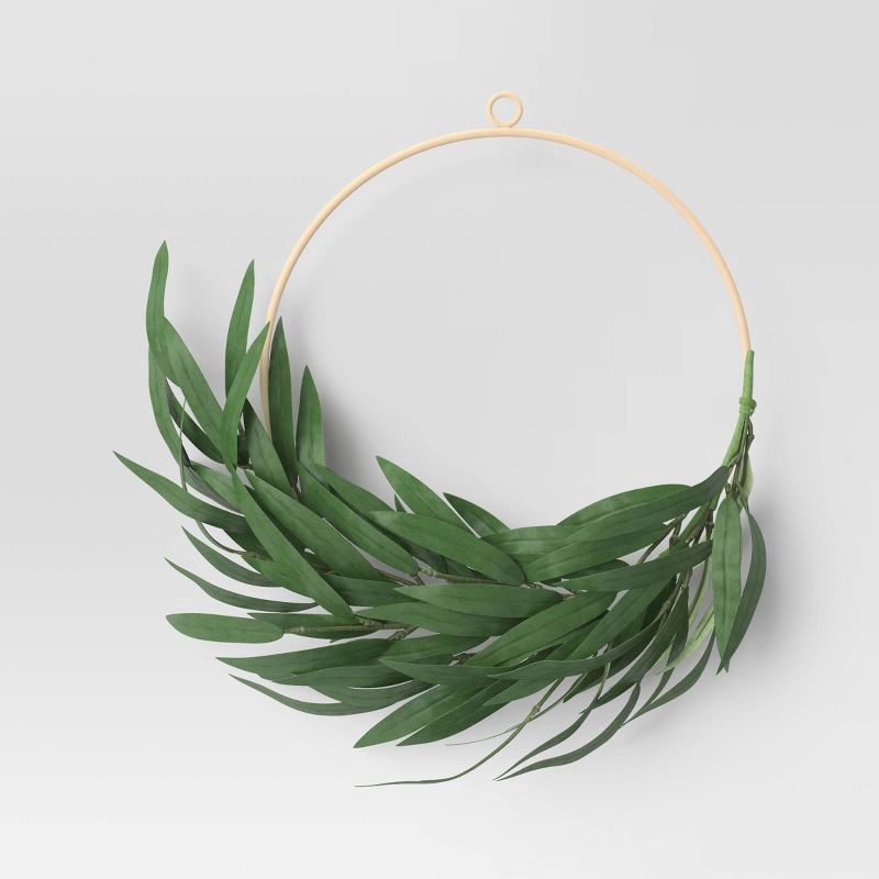 slide 1 of 3, Faux Greenery Bamboo Wreath Ring Wall Sculpture Green - Threshold, 1 ct