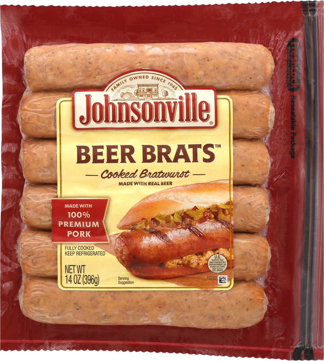 slide 1 of 13, Johnsonville Beer Brats Cooked Bratwurst 14 oz, 14 oz