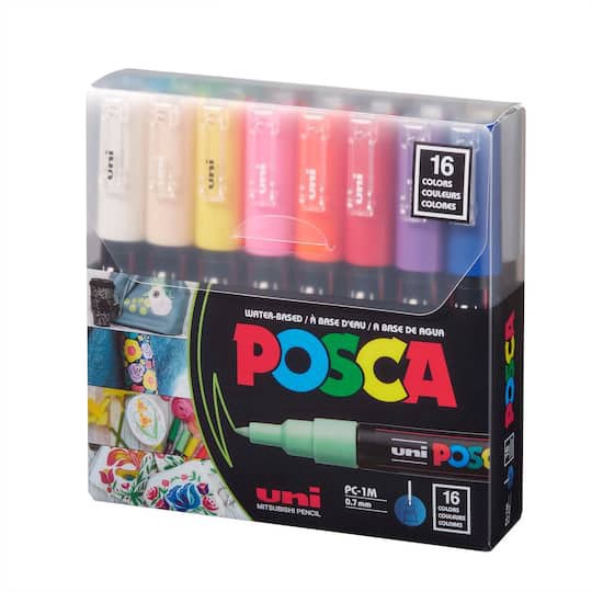 slide 1 of 3, Uni Posca Pc-1m 16 Color Extra Fine Tapered Tip Paint Marker Set, 0.7 mm