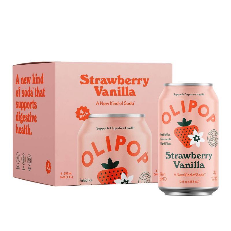 slide 1 of 11, OLIPOP Strawberry Vanilla Prebiotic Soda - 4ct/12 fl oz Cans, 4 ct; 12 fl oz