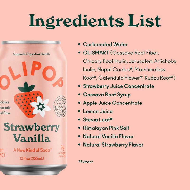 slide 8 of 10, OLIPOP Strawberry Vanilla Prebiotic Soda - 4ct/12 fl oz, 4 ct; 12 fl oz