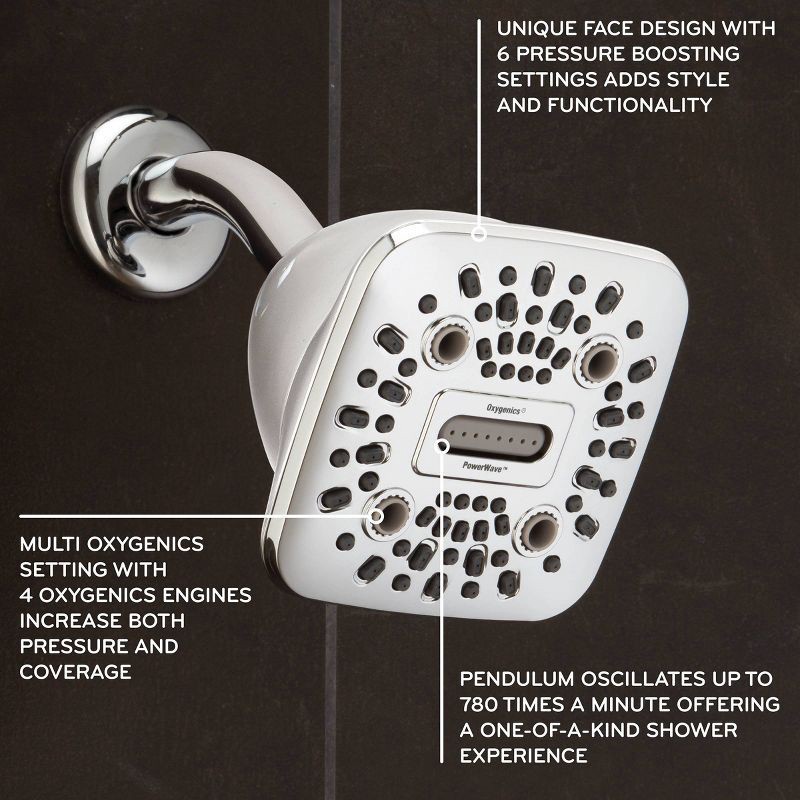 slide 3 of 16, 4.5" PowerWave 6 Spray WaterSense Shower Head Chrome - Oxygenics: EPA Certified, Massage & Pulsating Settings, 1 ct