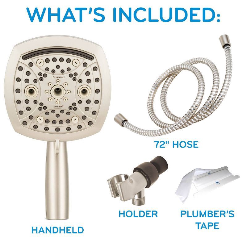 slide 9 of 19, 5" Contour 9 Spray WaterSense Hand Shower Brushed Nickel - Oxygenics: EPA Certified, Multi-Function with Hose & Massage Setting, 1 ct