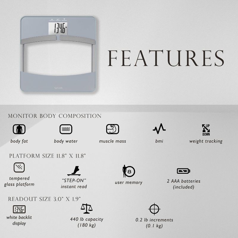 slide 3 of 9, Taylor Glass Body Composition Bathroom Scale - Silver/Clear, 1 ct