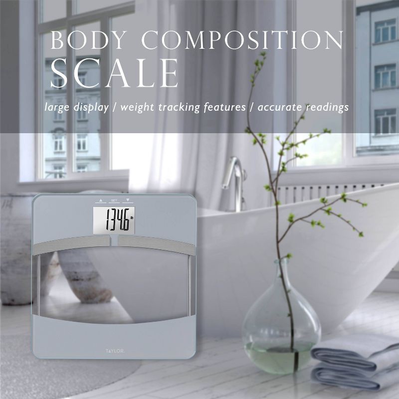 slide 5 of 9, Taylor Glass Body Composition Bathroom Scale - Silver/Clear, 1 ct