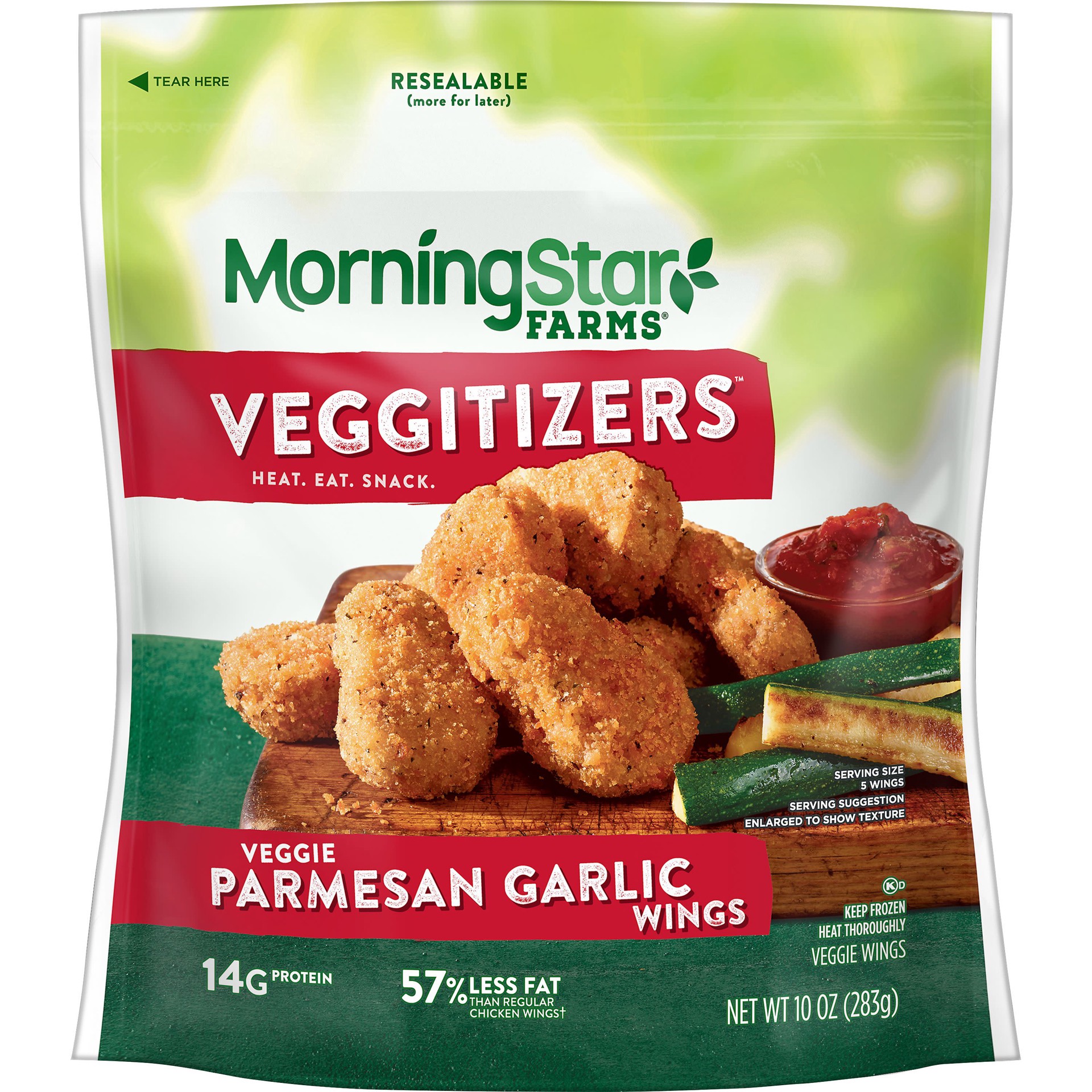 slide 1 of 5, MorningStar Farms Veggitizers Meatless Chicken Wings, Plant Based, Frozen Meal, Parmesan Garlic, 10oz Bag, 1 Bag, 10 oz