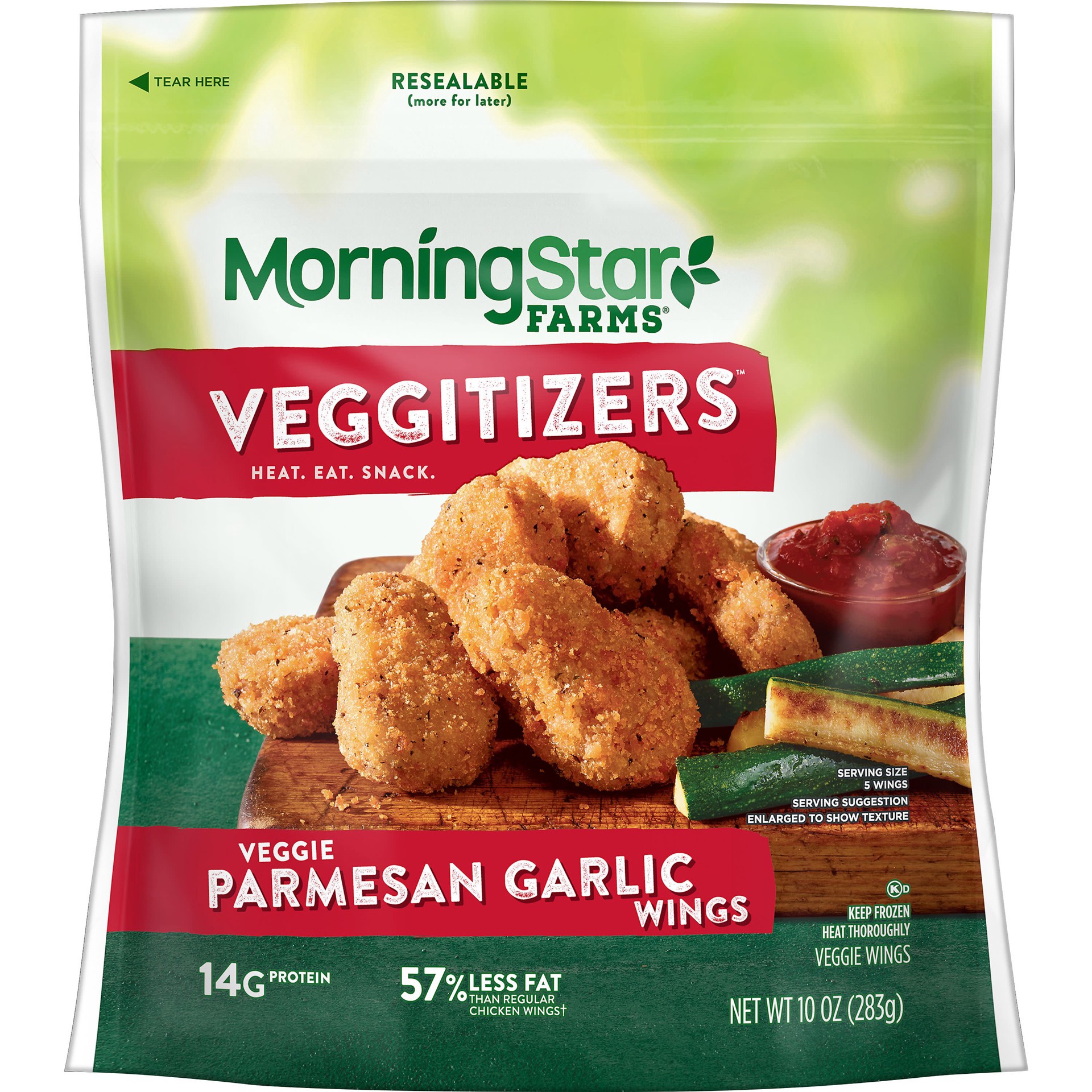 slide 1 of 5, MorningStar Farms Veggitizers Meatless Chicken Wings, Plant Based, Frozen Meal, Parmesan Garlic, 10oz Bag, 1 Bag, 10 oz