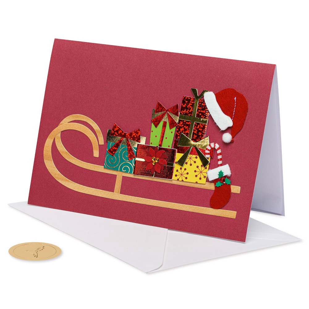 slide 4 of 5, Sleigh with Presents Christmas Card Red - PAPYRUS, 1 ct