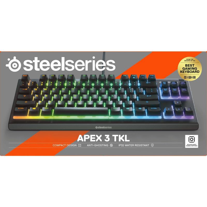 slide 8 of 9, SteelSeries Apex 3 TKL Wired Gaming Keyboard for PC: RGB Lighting, Water-Resistant, Compact, 1 ct