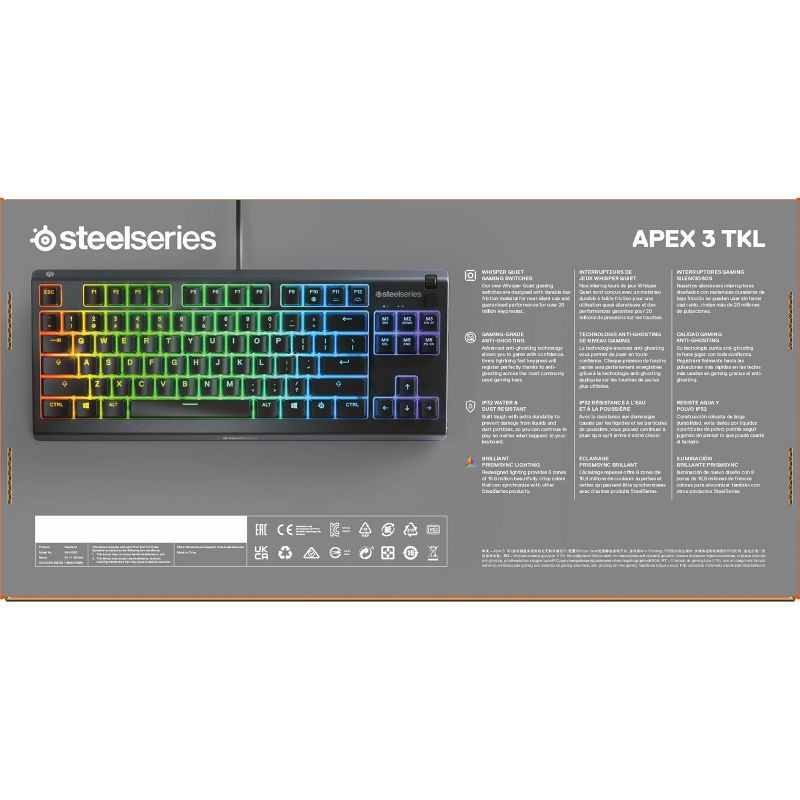 slide 9 of 9, SteelSeries Apex 3 TKL Wired Gaming Keyboard for PC: RGB Lighting, Water-Resistant, Compact, 1 ct